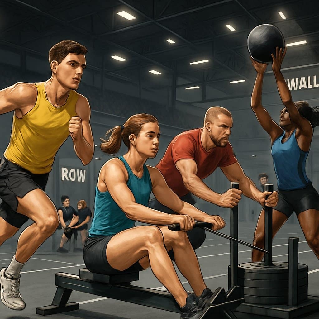 Athletes competing in various fitness challenges in an indoor sports arena, showcasing different race stations and diverse participants.
