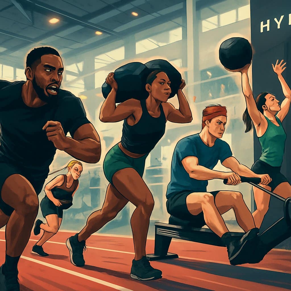A group of diverse athletes competing in various fitness race activities inside a modern indoor sports arena.