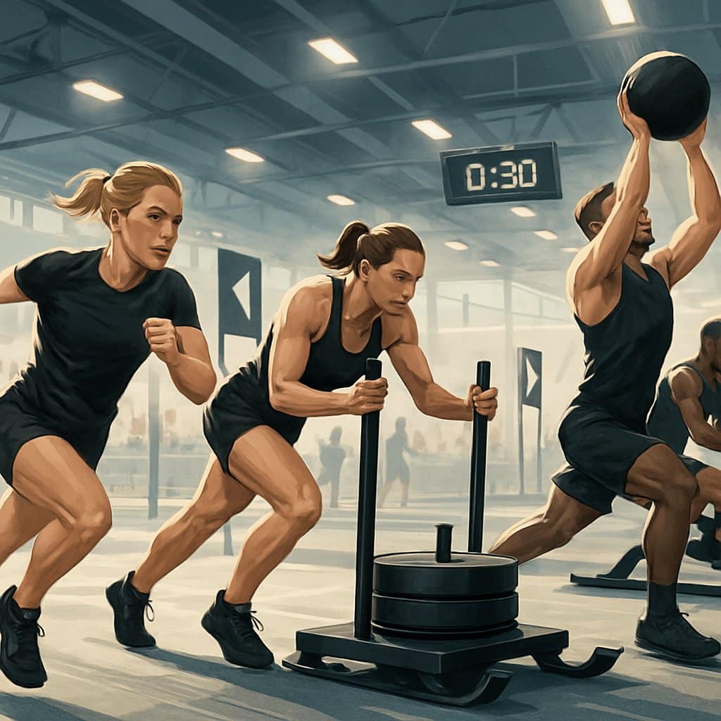 Athletes competing in a HYROX fitness race, running and performing various exercises in an indoor fitness arena.