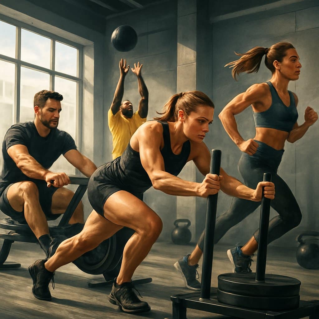 Athletes training intensely in a modern gym, performing exercises like rowing, sled pushing, wall balls, and running.