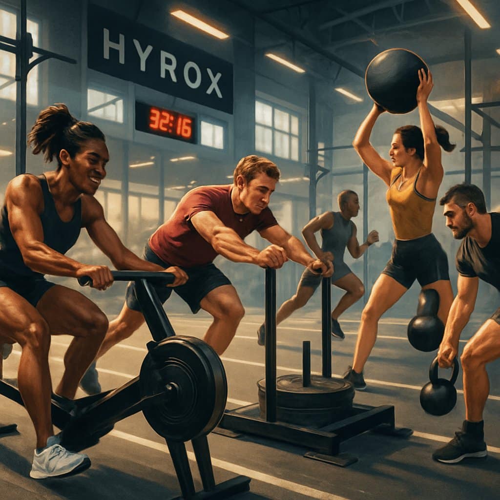 A group of athletes warming up and training with fitness equipment in a modern gym preparing for a competitive race.