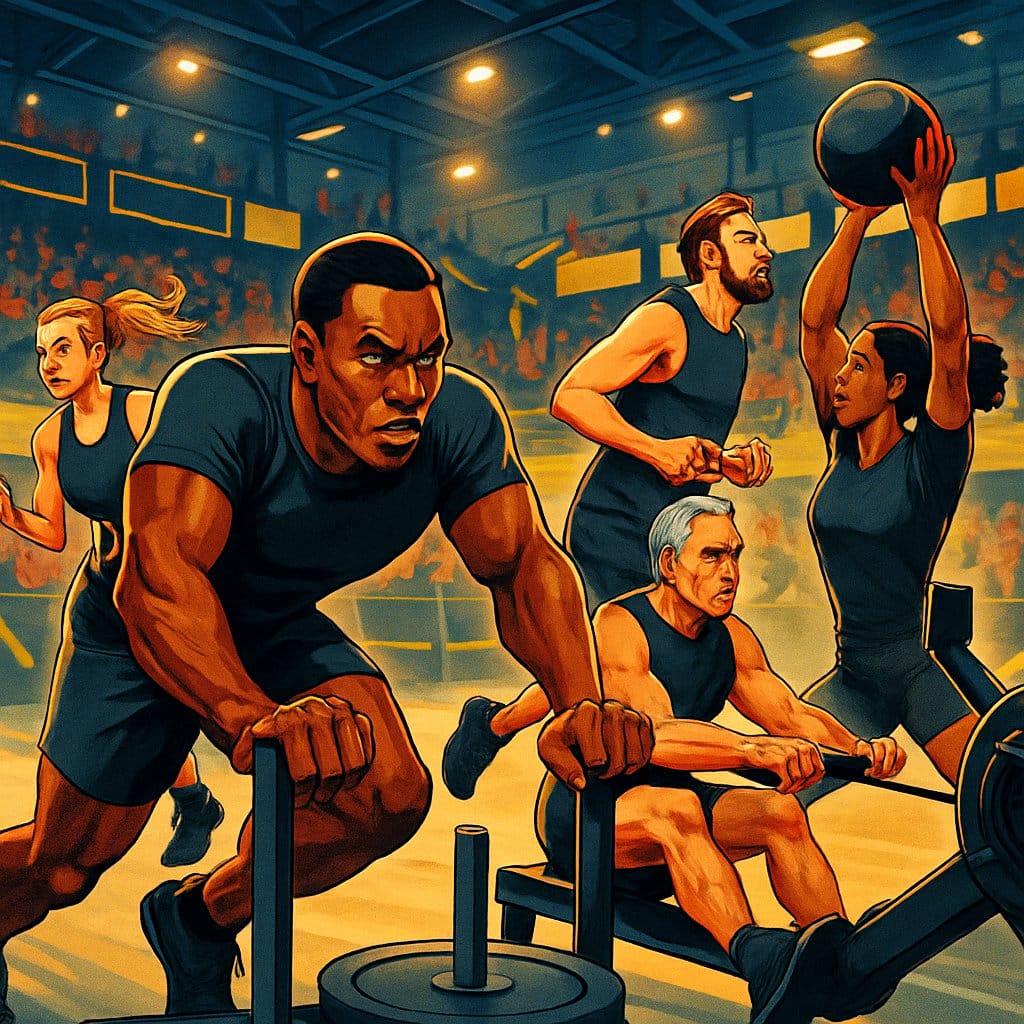 A group of diverse athletes competing in various fitness race activities inside an indoor arena with a cheering crowd.