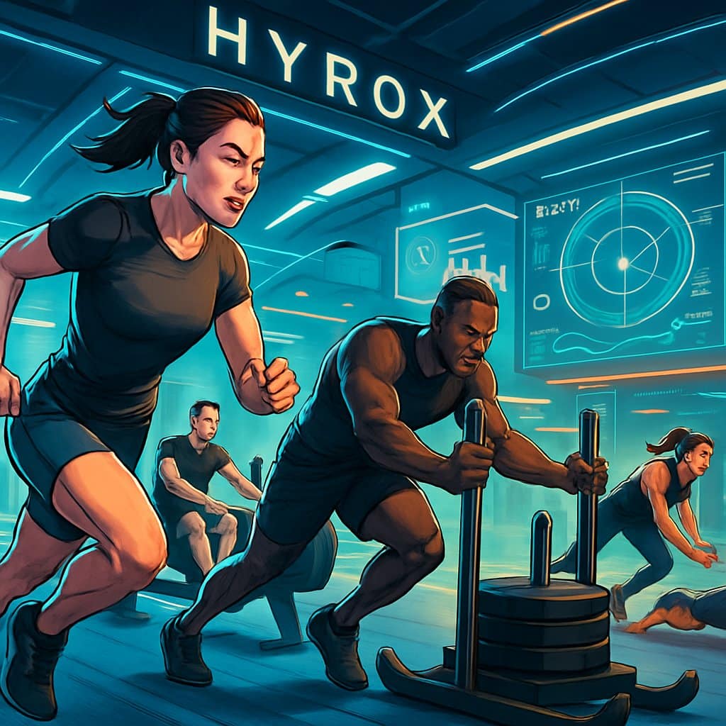 Athletes competing in a hybrid fitness race performing running, rowing, sled pushing, and burpees in a high-tech indoor fitness arena.