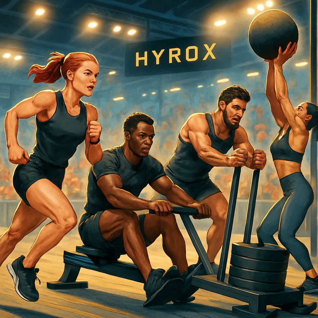 Athletes competing in a fast-paced fitness race inside a sports arena with spectators watching.