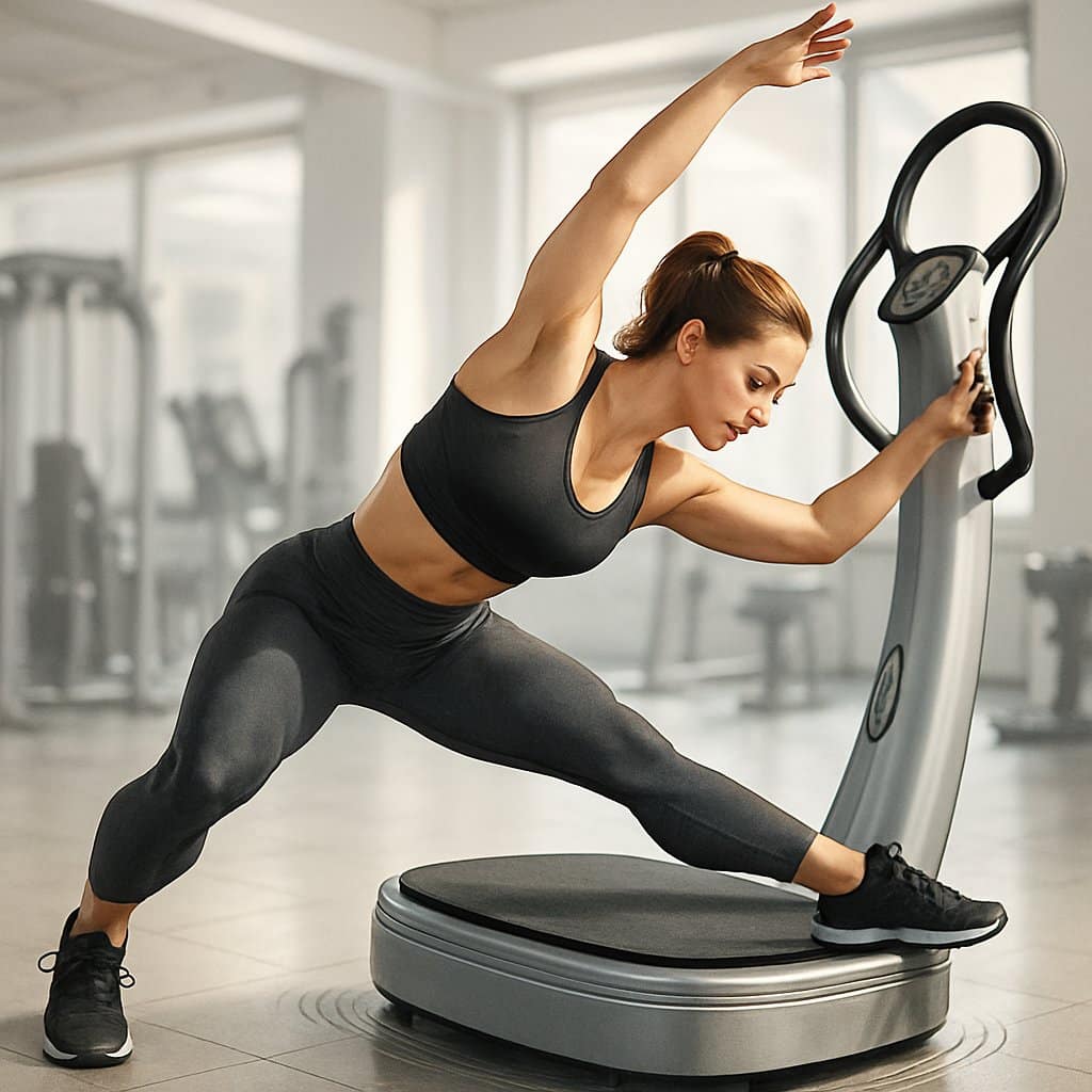 A woman stretching on a vibrating exercise platform in a gym.