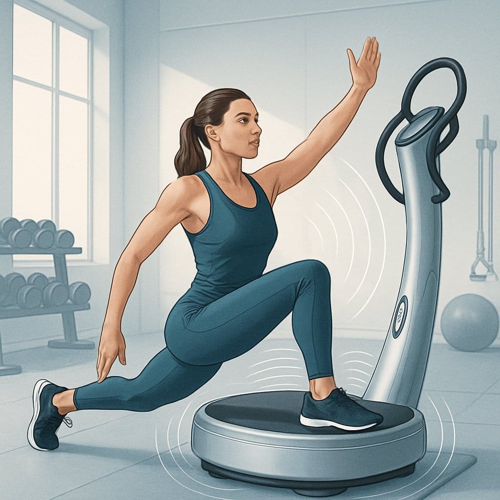 A woman stretching on a vibrating Power Plate machine in a modern fitness studio.