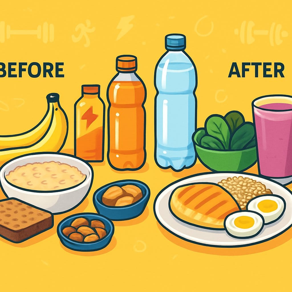 An illustration showing three sections of healthy foods to eat before, during, and after exercise, including fruits, grains, snacks, drinks, and protein-rich meals.