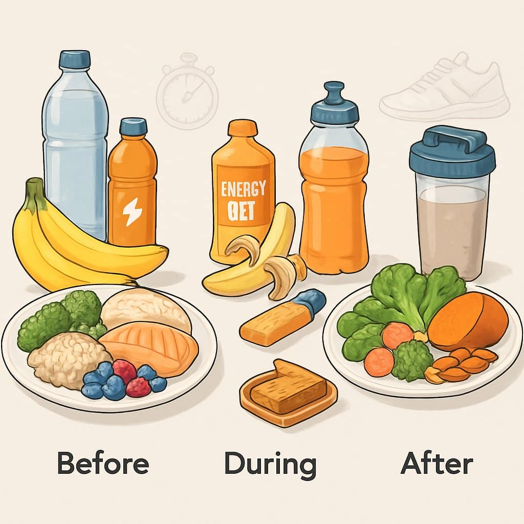 An illustration showing three stages of nutrition for athletes: before, during, and after exercise, featuring healthy foods and drinks arranged in separate sections.