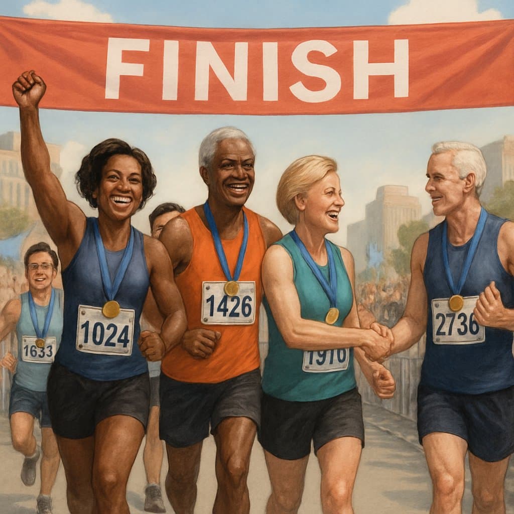 A group of diverse politicians crossing a marathon finish line, celebrating their achievement with medals and cheering crowds in a city setting.