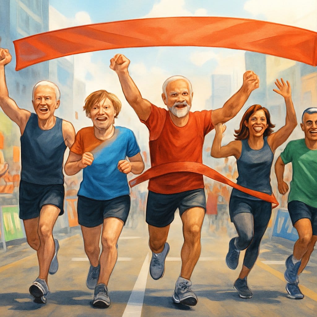 A group of diverse politicians running and crossing a marathon finish line together with cheering crowds and a city background.
