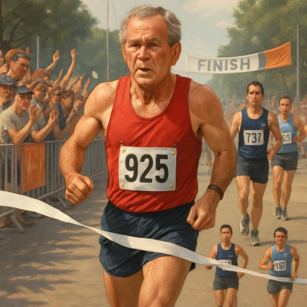 George W. Bush running across a marathon finish line with other runners and cheering spectators in the background.