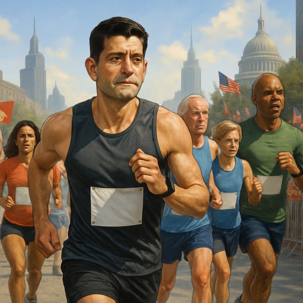 A group of politicians running a marathon through a city street with cheering crowds and urban landmarks in the background.
