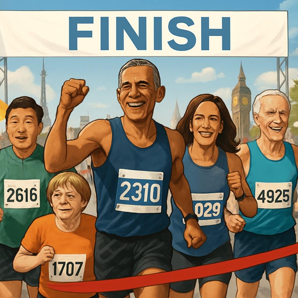 A group of politicians in running clothes crossing a marathon finish line with cheering spectators and city landmarks in the background.