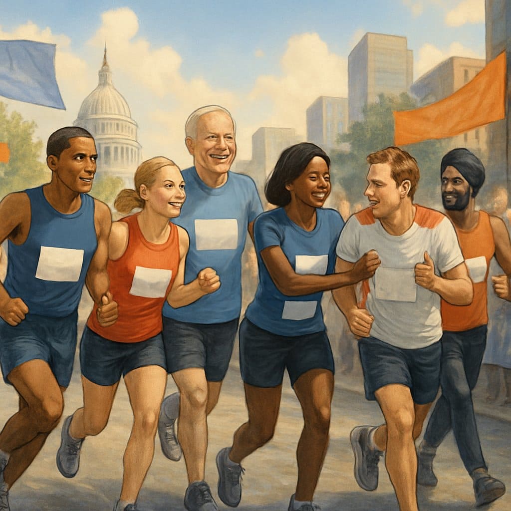 A group of diverse politicians running a marathon through a city with cheering crowds and urban landmarks in the background.