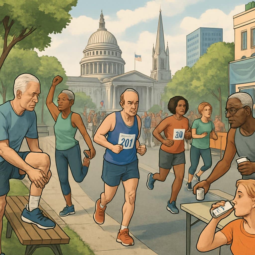 A group of politicians running and training for a marathon along a city route with supporters cheering, stretching, and hydrating near a park and government buildings in the background.