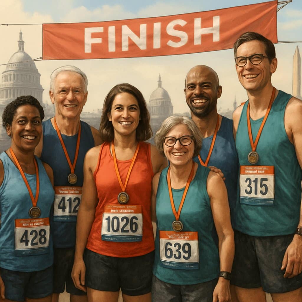A group of diverse politicians wearing running gear and medals standing together near a marathon finish line in front of government buildings.