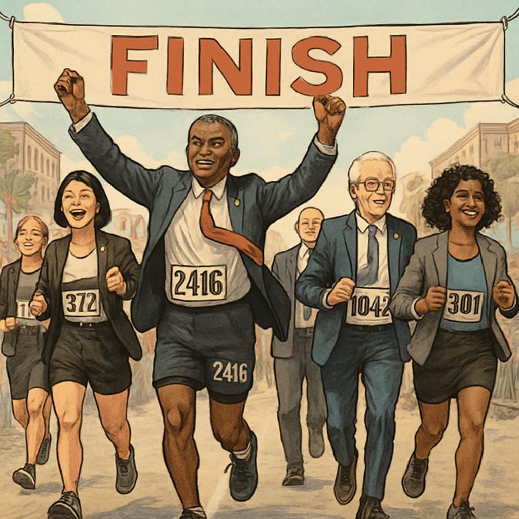 A group of diverse politicians crossing a marathon finish line with proud expressions and cheering crowds in the background.