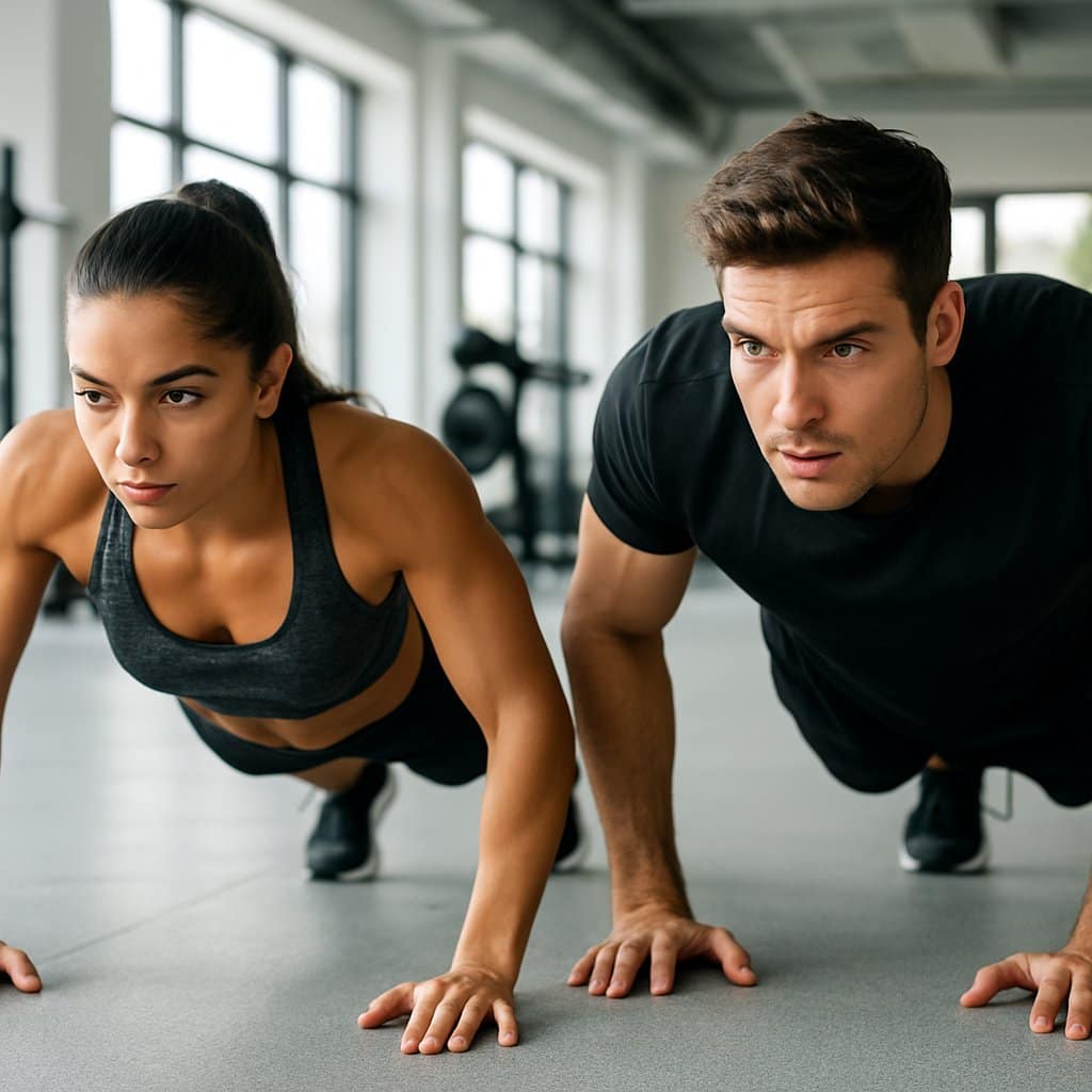 A man and woman doing push-ups together in a bright gym, showing strong muscles and proper exercise form.