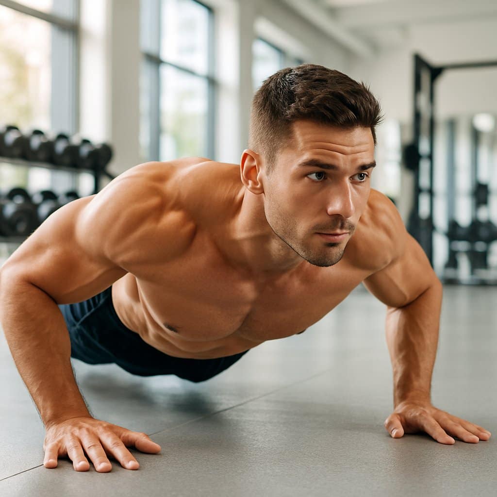 A fit young man doing push-ups in a gym, highlighting his upper-body muscles.