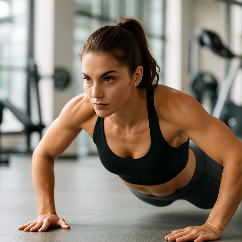 A young woman doing push-ups with a straight back in a bright gym.