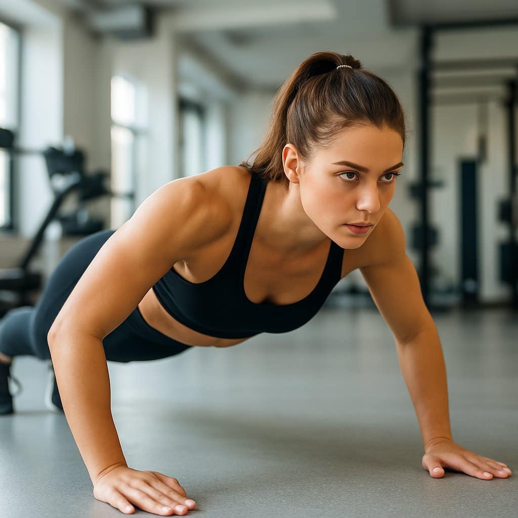 A young woman doing a push-up in a gym, showing core strength and proper exercise form.