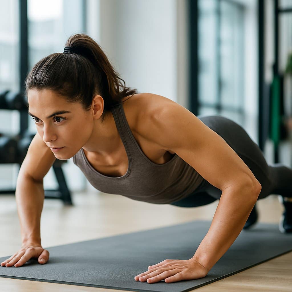 A young woman doing push-ups on a yoga mat in a gym.