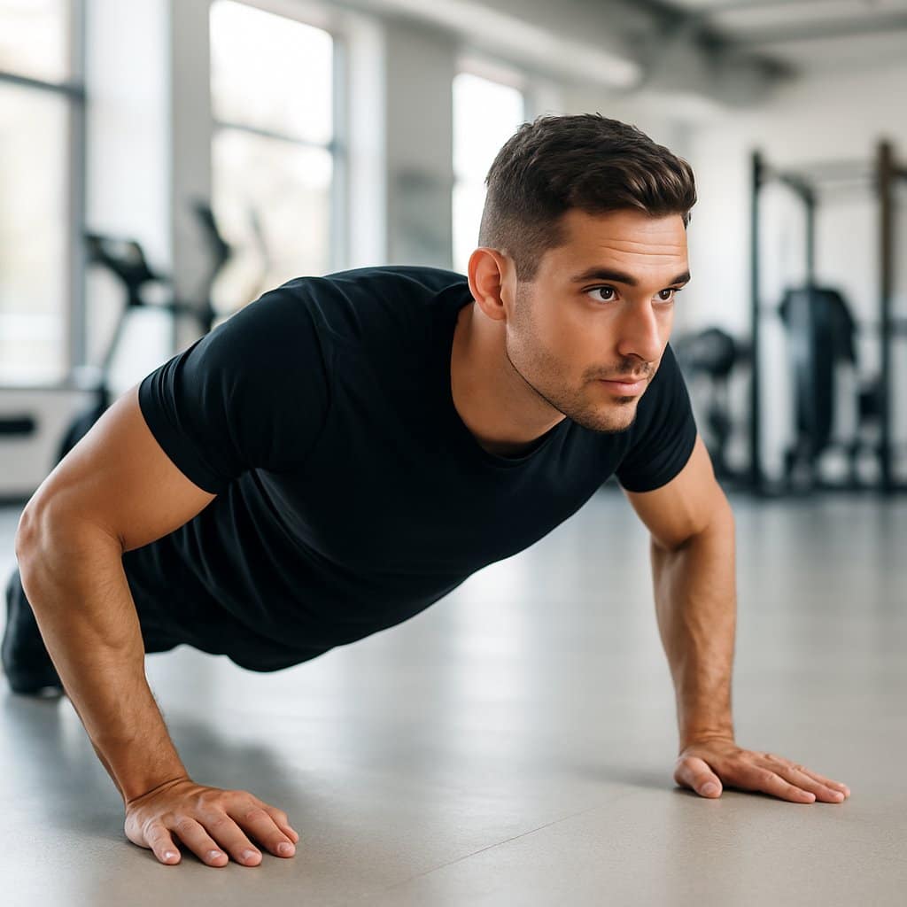 A fit young man doing a perfect push-up with proper form in a bright gym.