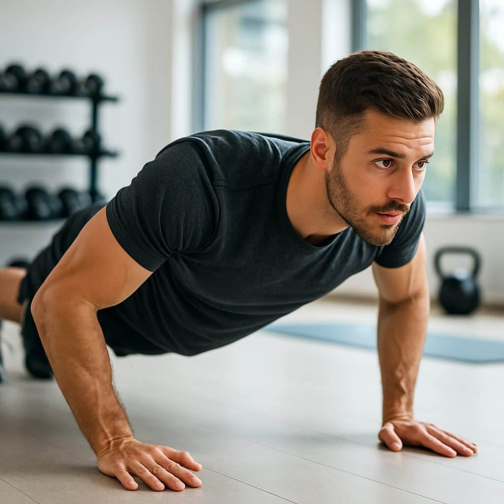 A fit young man doing push-ups in a bright gym with exercise equipment in the background.