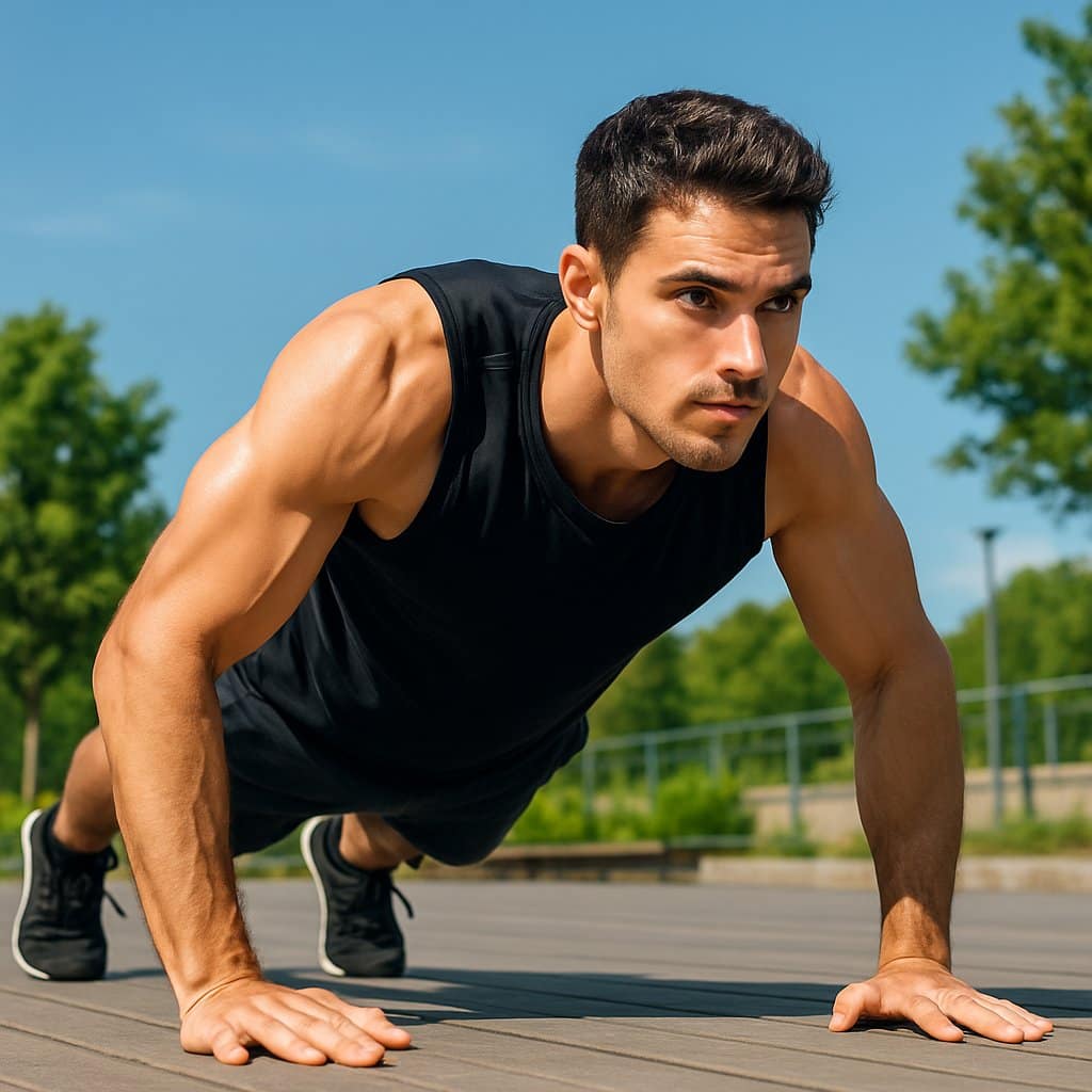 A young man doing push-ups outdoors on a wooden deck with trees and a clear sky in the background.