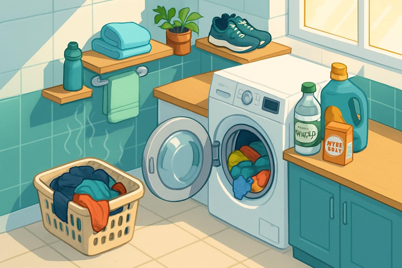 Laundry room with washing machine, basket of workout clothes, cleaning supplies, and workout gear arranged neatly.