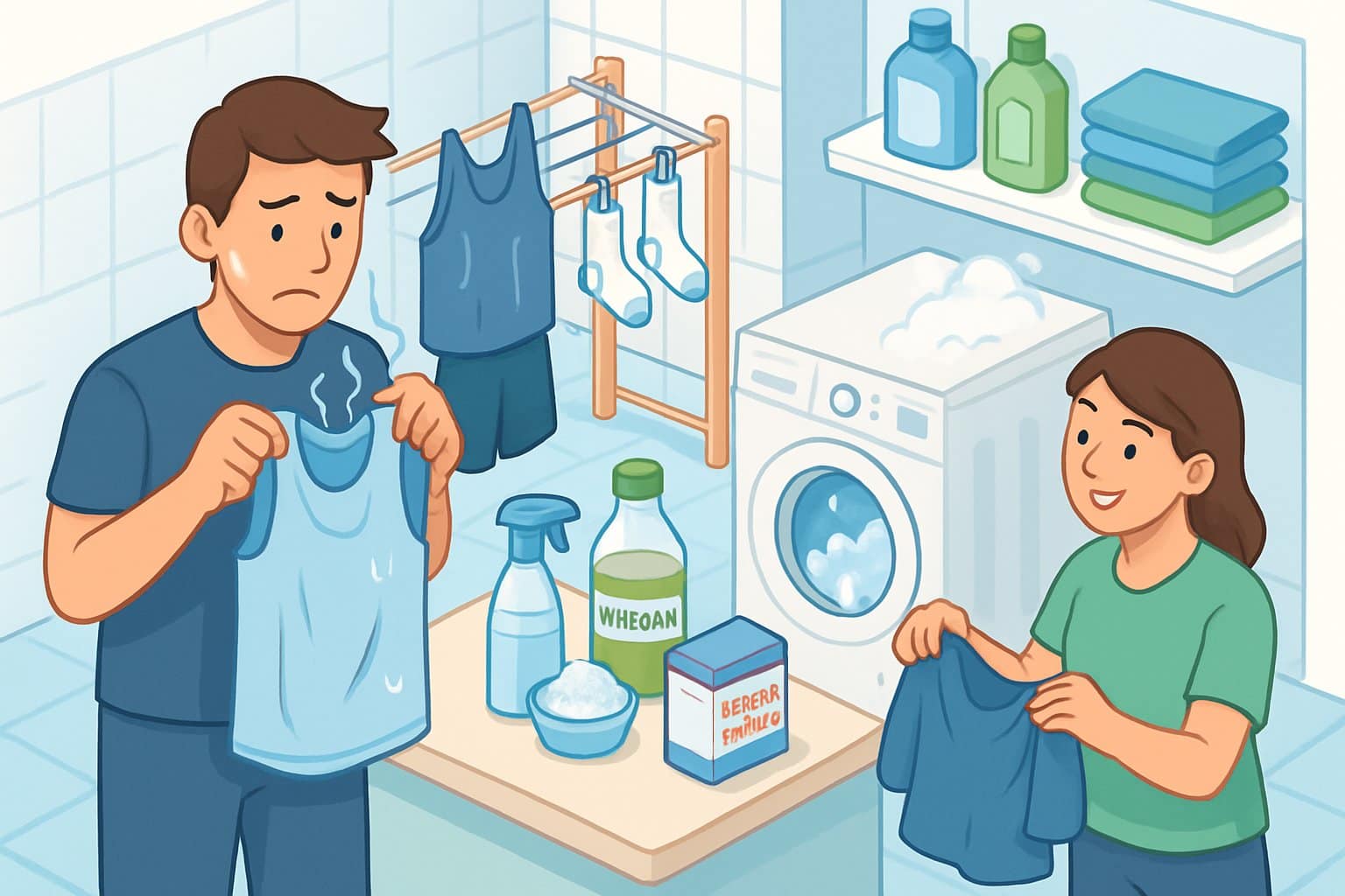 A laundry area with workout clothes hanging to dry and a washing machine running, showing people cleaning smelly workout clothes using natural odor removers.