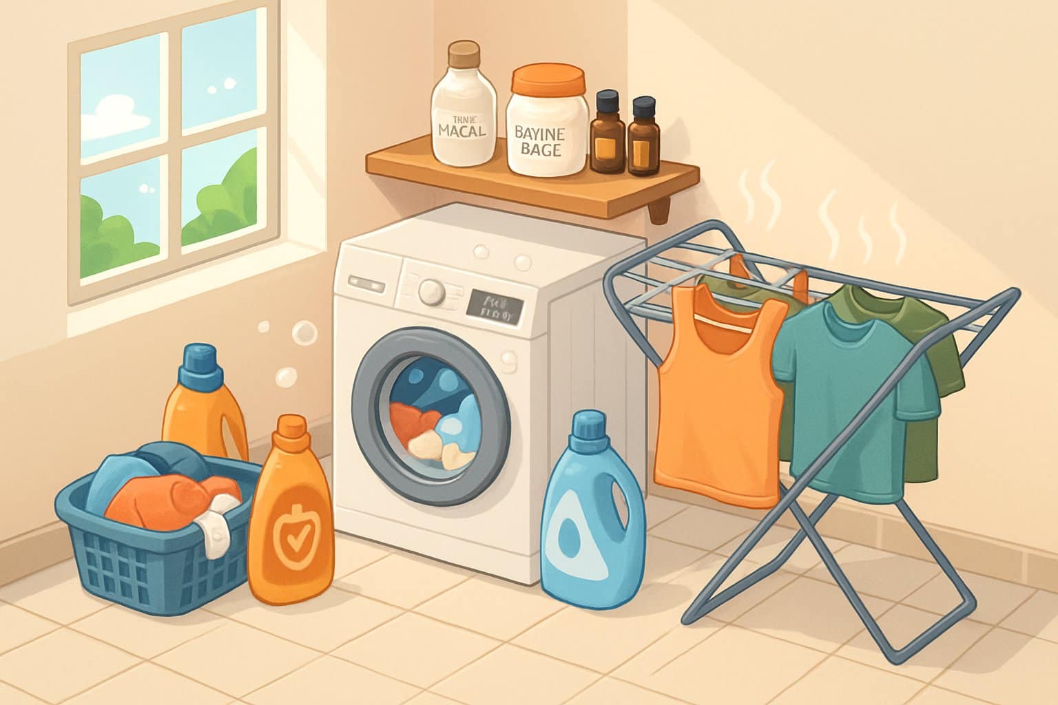 A laundry room with a washing machine, detergent, drying rack holding workout clothes, and a basket of sweaty gym clothes ready to be washed.