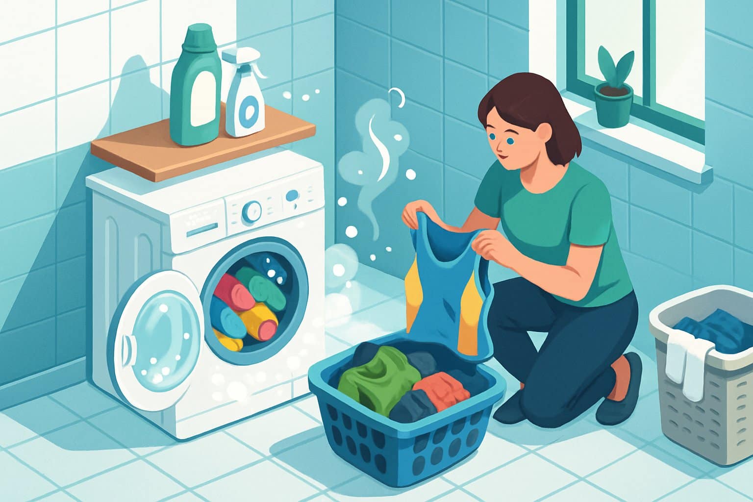 A person sorting sweaty workout clothes next to a washing machine with detergent and a laundry basket in a bright laundry room.