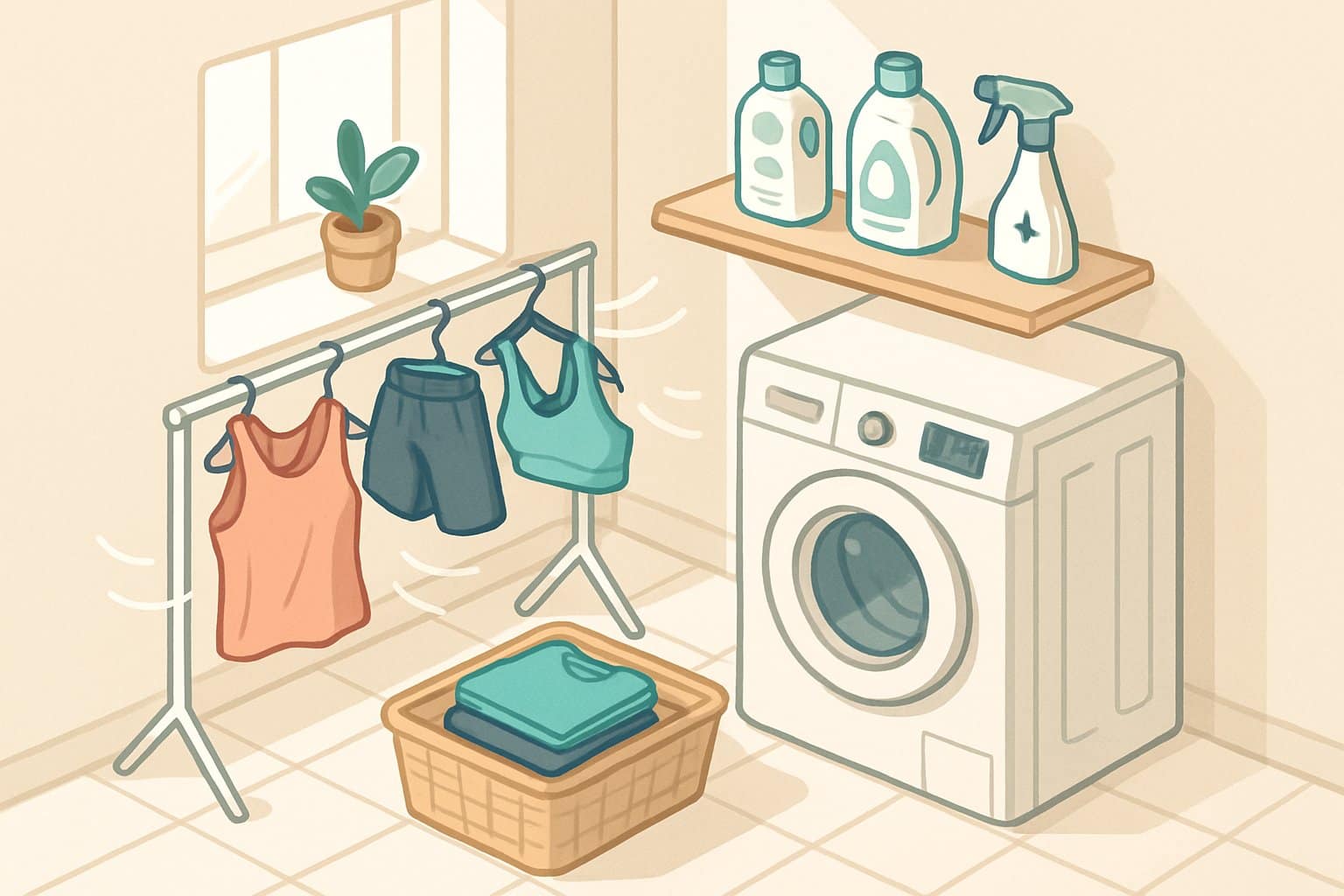 A laundry area with workout clothes hanging on a drying rack and folded in a basket, next to a washing machine and cleaning supplies.