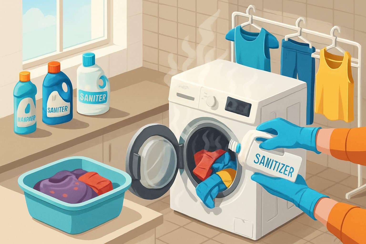 A person deep cleaning and sanitizing workout clothes in a laundry room with a washing machine, detergent bottles, and fresh clothes drying on a rack.