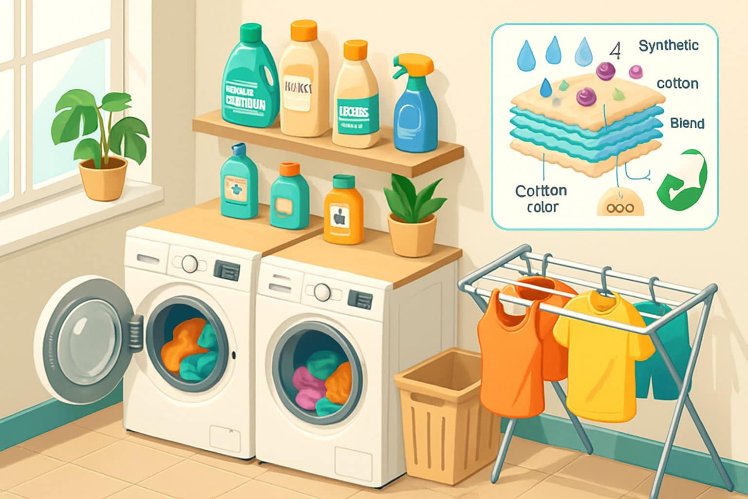 An isometric view of a laundry room with workout clothes in a washing machine and dryer, cleaning products on shelves, a drying rack with clothes, and icons representing fabric types and odor prevention.