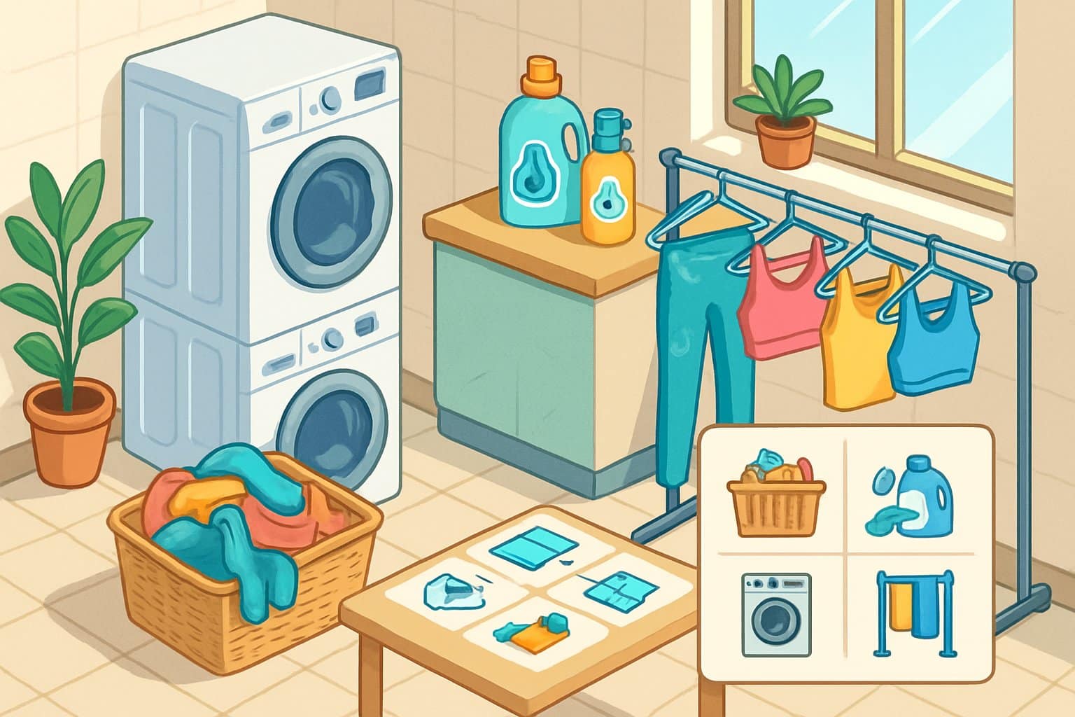A laundry room with a washing machine, dryer, basket of workout clothes, detergent bottles, drying rack with activewear, and a small table displaying a laundry routine guide.