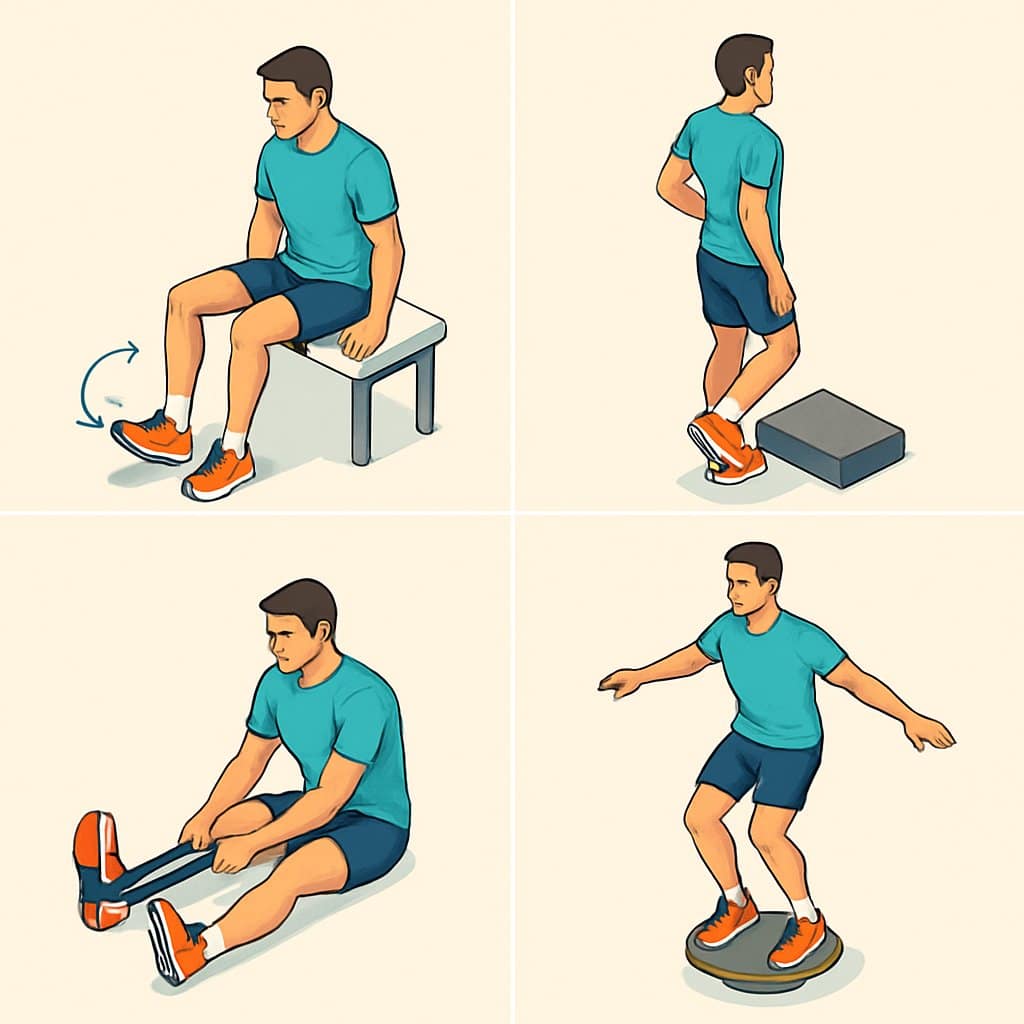 Four runners each performing a different ankle-strengthening exercise: ankle circles seated on a bench, calf raises on a step, resistance band foot pull, and balancing on a wobble board.