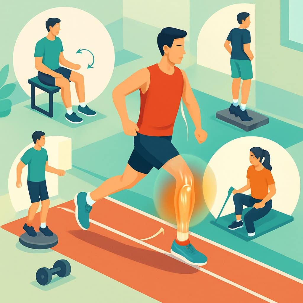 An isometric illustration showing a runner on a track with highlighted ankles and four surrounding scenes of people performing different ankle-strengthening exercises.