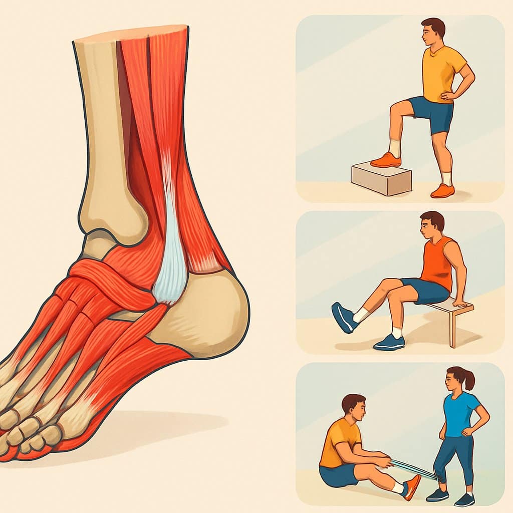 A detailed illustration showing the anatomy of the human ankle alongside four different exercises demonstrating ankle strengthening for runners.