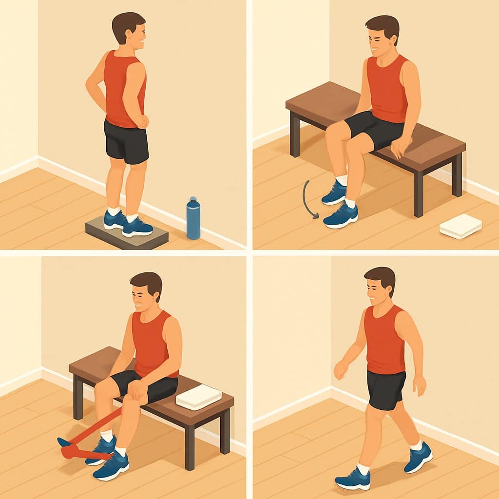 Four runners performing different ankle-strengthening exercises in an indoor gym, each demonstrating proper form in separate sections.