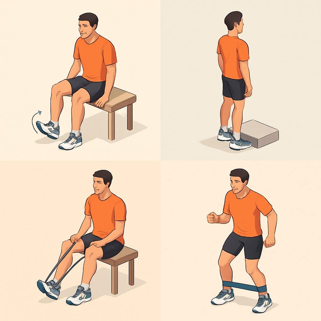 Four runners performing different ankle-strengthening exercises, including ankle circles, heel raises, resistance band dorsiflexion, and lateral walks, shown from an angled top-down view.