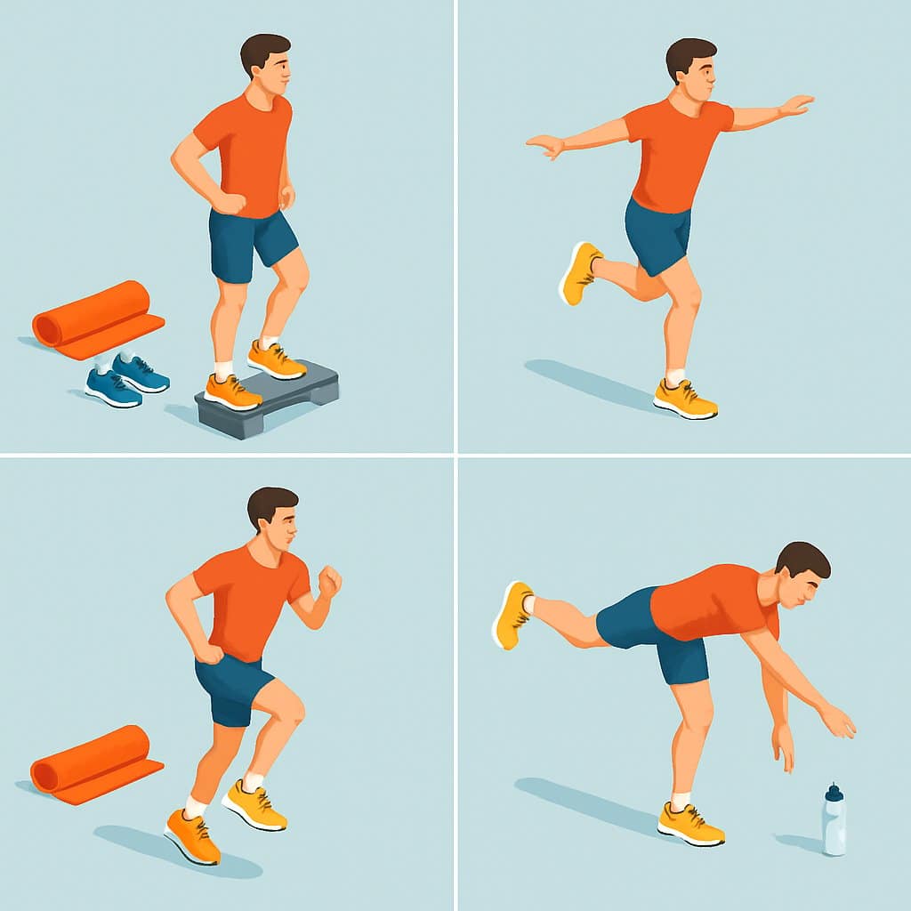 Four runners each performing a different single-leg exercise to strengthen ankles and improve balance, shown from an angled top-down view.