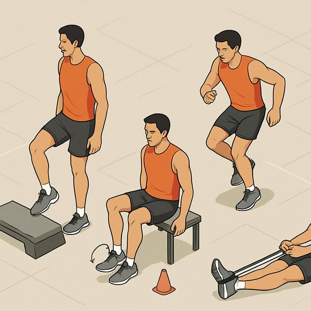 Four runners performing different ankle-strengthening exercises, each in their own section, including calf raises, ankle circles, lateral hops, and resistance band exercises.