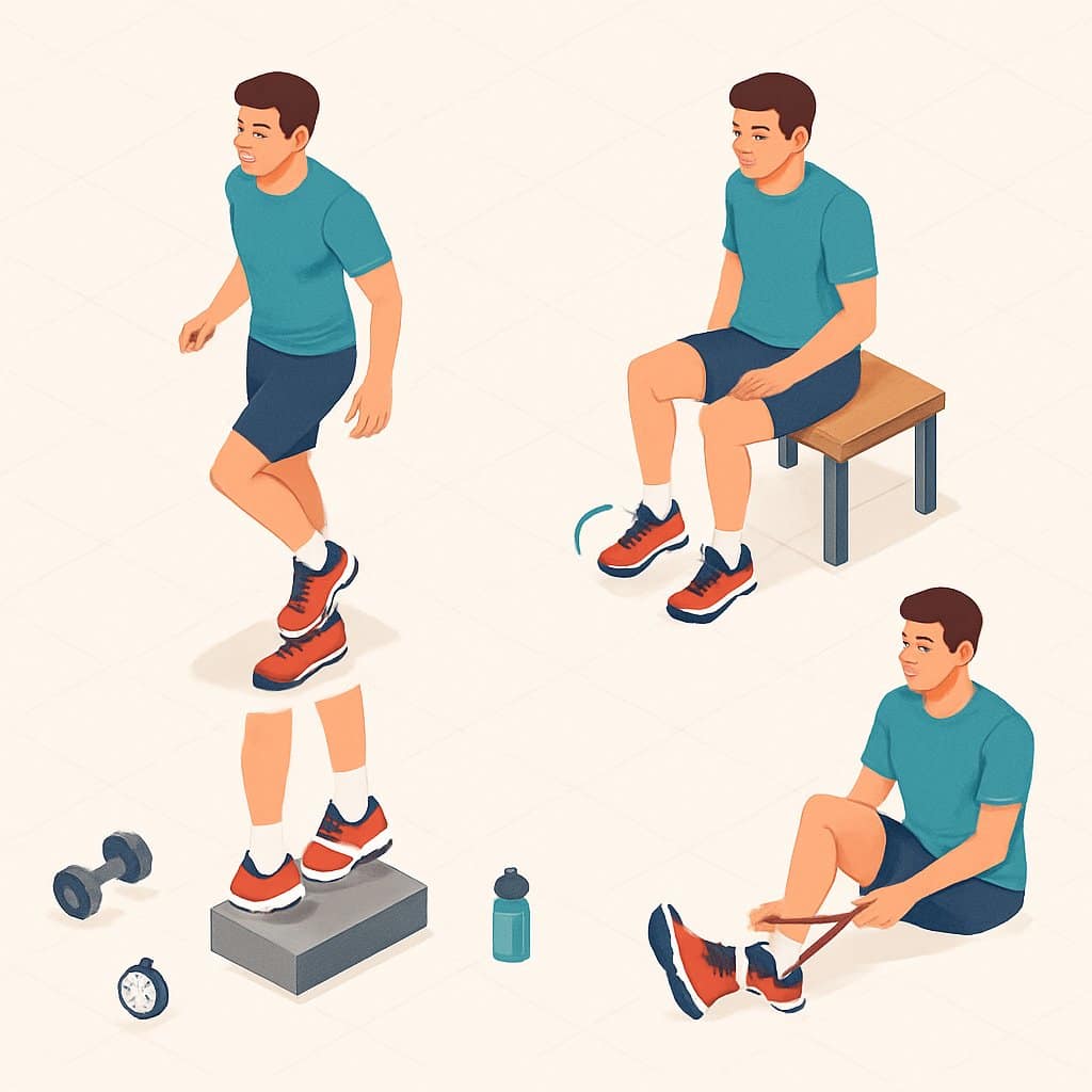Four runners demonstrating different ankle-strengthening exercises including balancing on one foot, ankle circles, heel raises on a step, and resistance band foot pulls, shown from an angled overhead view.