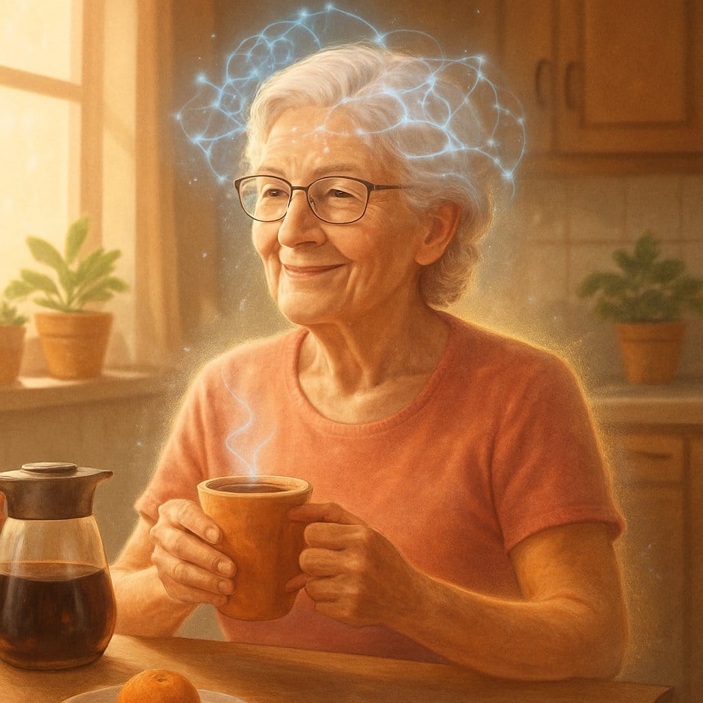 An elderly woman holding a cup of coffee at a kitchen table, looking healthy and content with soft light coming through a window.