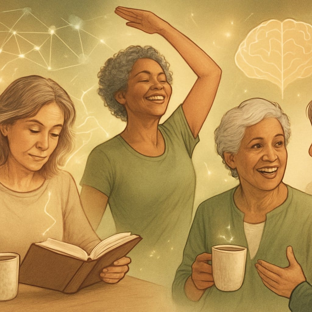A group of older women enjoying coffee while reading, exercising, and socializing, surrounded by subtle scientific symbols representing brain health and vitality.