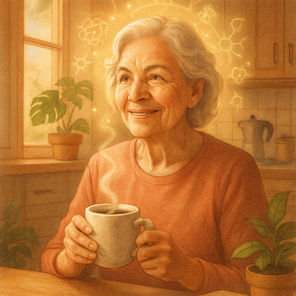 An older woman happily drinking coffee in a cozy kitchen, surrounded by symbols of mental clarity and vitality.