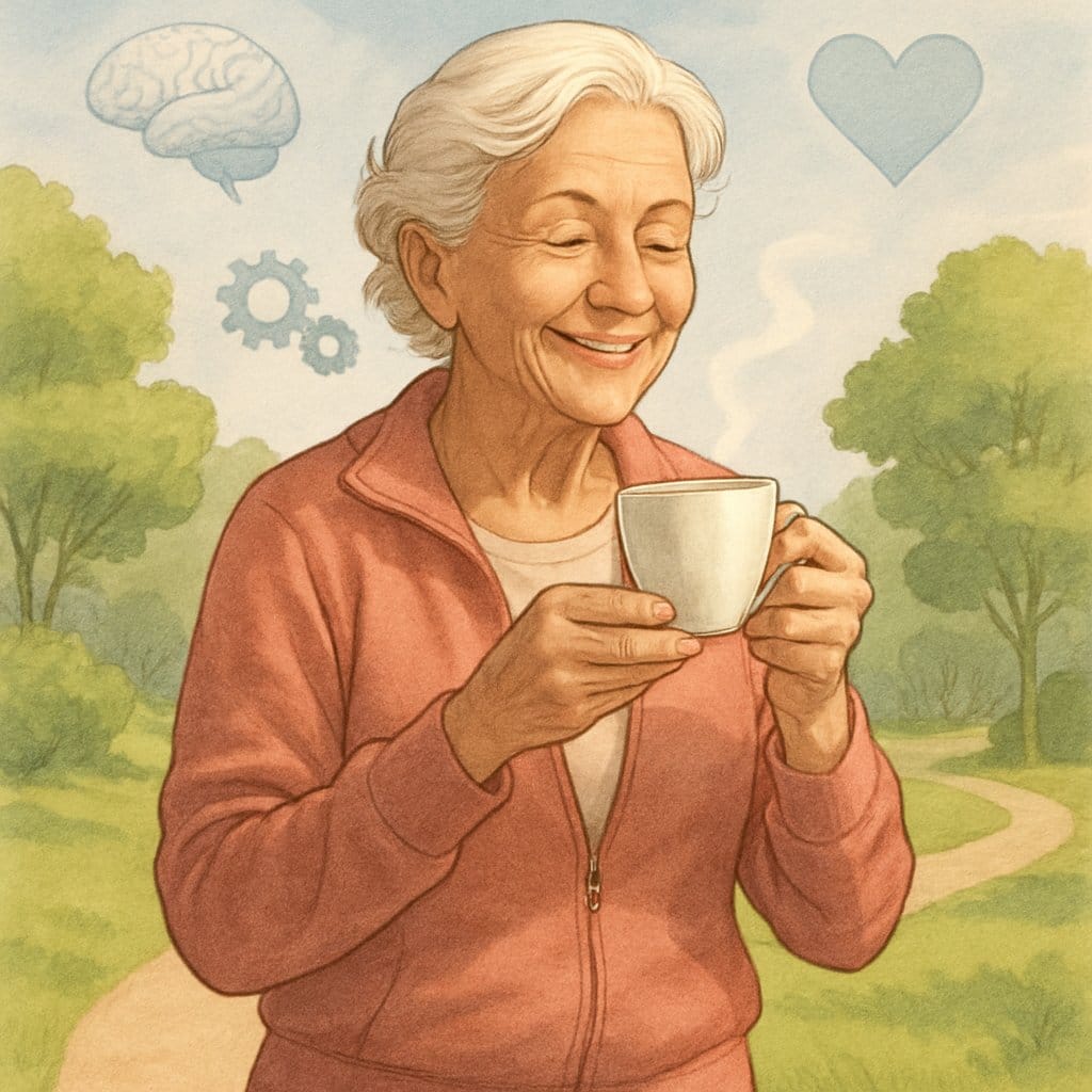 An elderly woman happily drinking coffee in a sunny park, surrounded by symbols representing brain health and physical activity.
