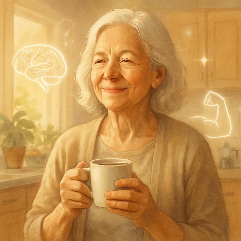 An elderly woman enjoying a cup of coffee in a bright kitchen, looking healthy and content.